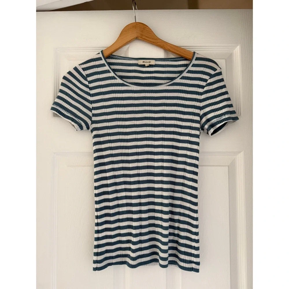 Madewell Womens Blue Striped Short Sleeve T Shirt Coastalcore - Picture 1 of 2